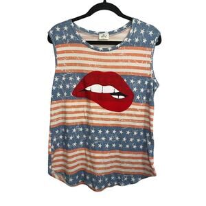 Blue Buttercup Stars and Stripes Red Lips Sleeveless Oversized Tee sz. S Rare